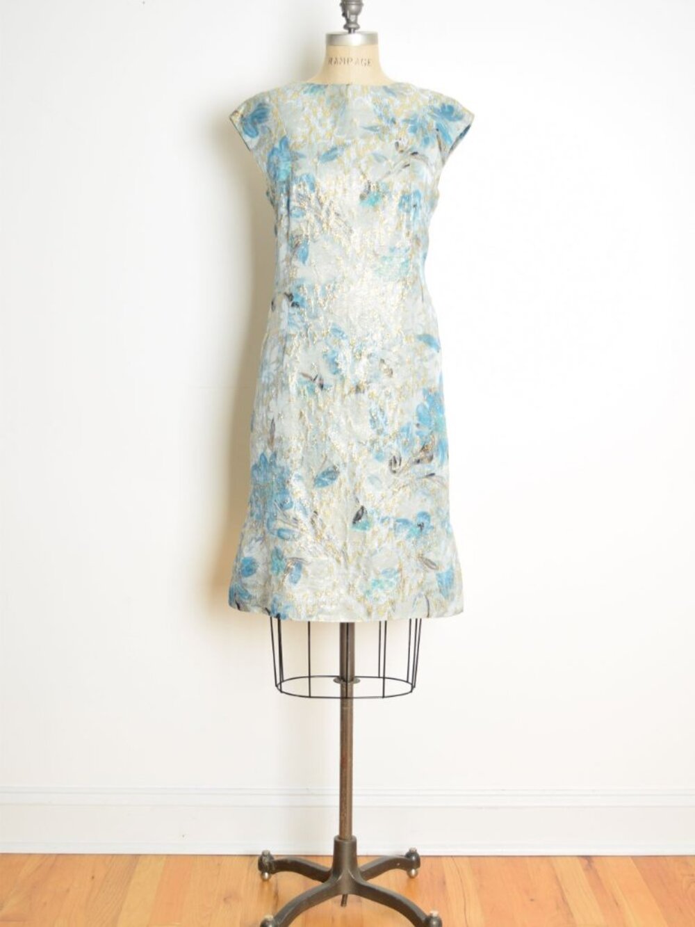 vintage 60s silk dress blue metallic gold floral print watercolor sheath mod M